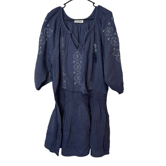 NWT Lucky Brand Embroidered Mini Peasant Dress Size L Nightshadow Blue Bohemian - Picture 2 of 11